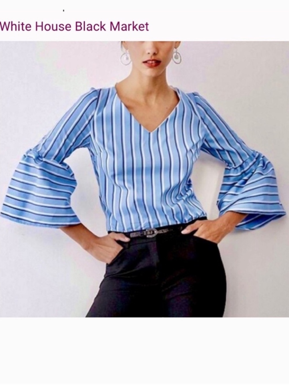 White House Black Market Blue Stripe Bell Sleeve Cotton Stretch Top Size 0